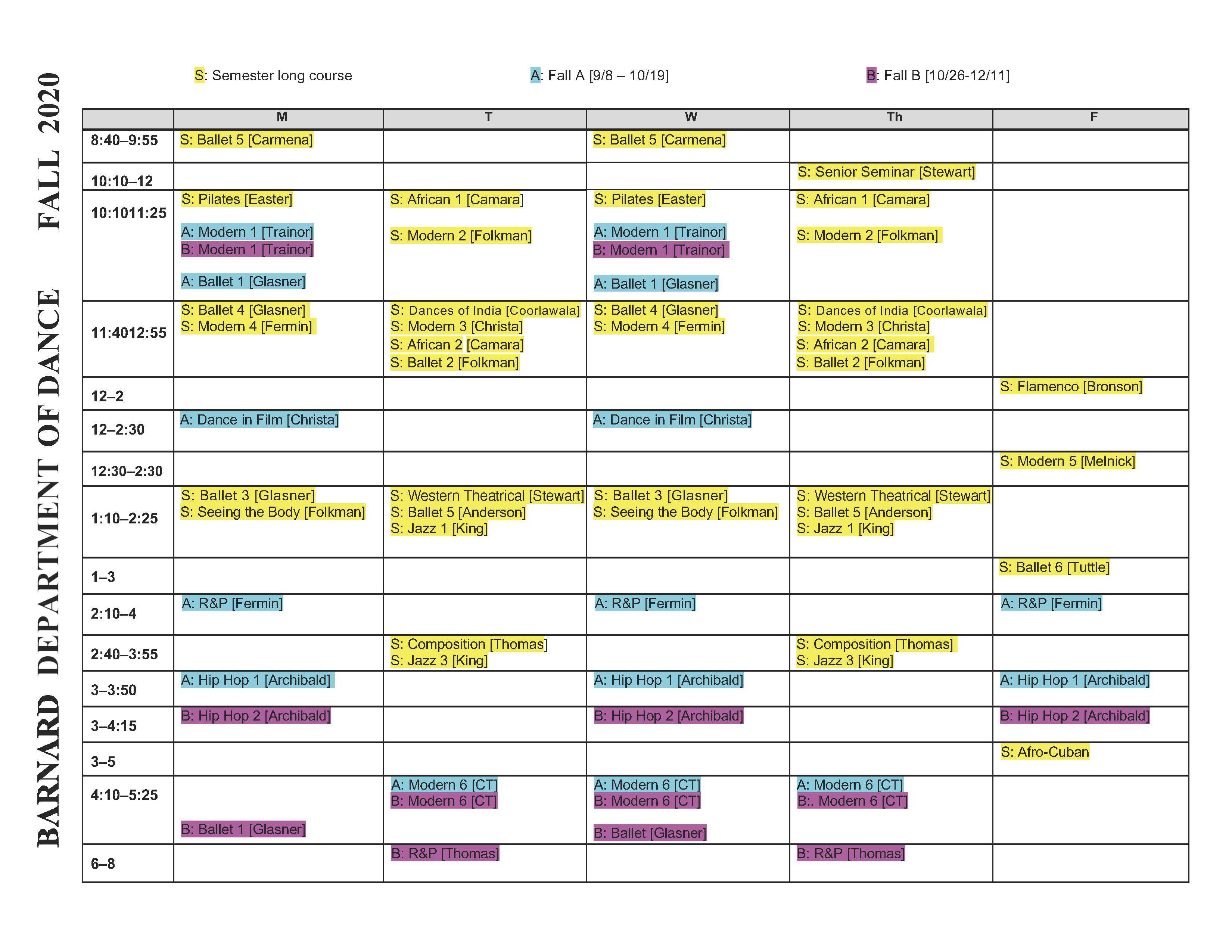 Fall 2020 Block Schedule Barnard College